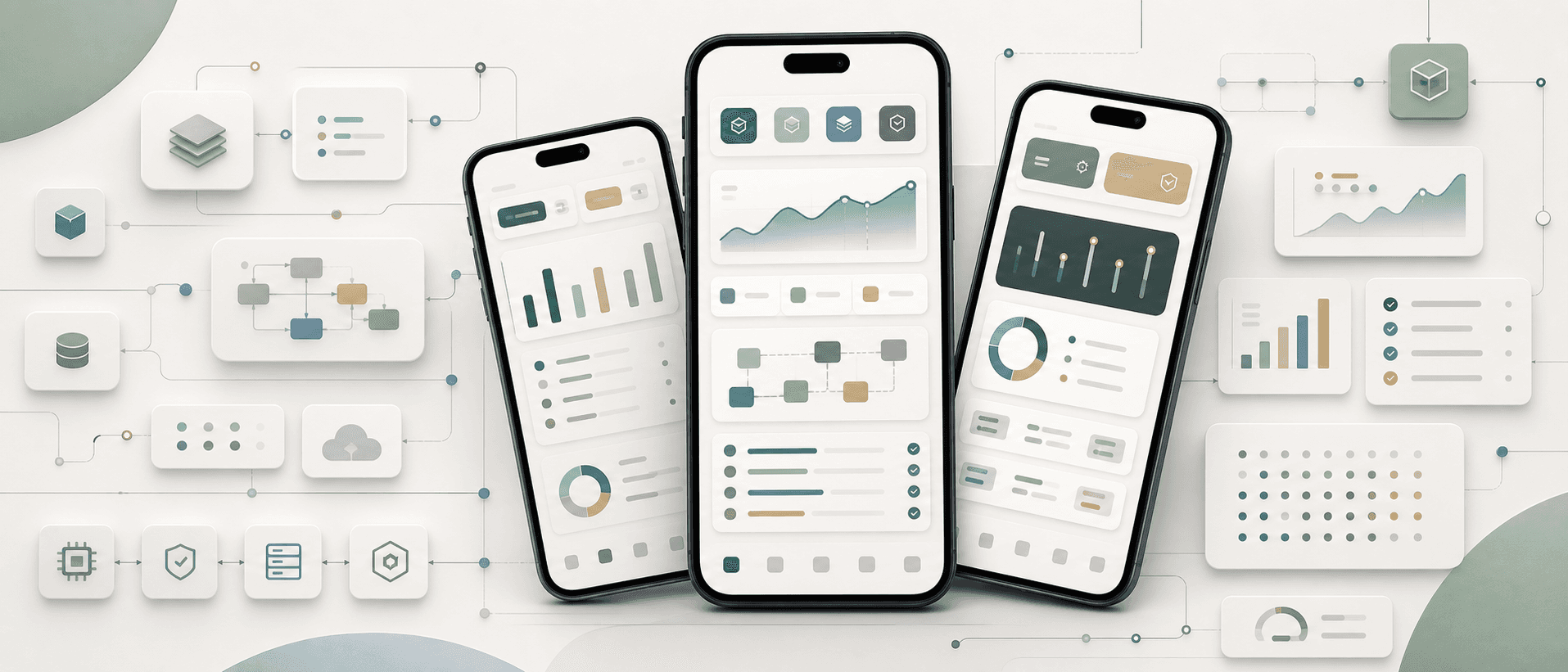 Abstract mobile app engineering interface with mobile screens and system panels.