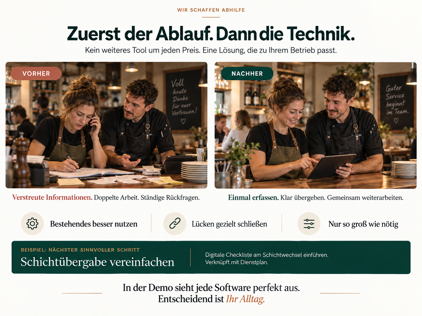 Eine Wirtin telefoniert und schreibt Angaben in ein Buch, während ihr Kollege wartet.